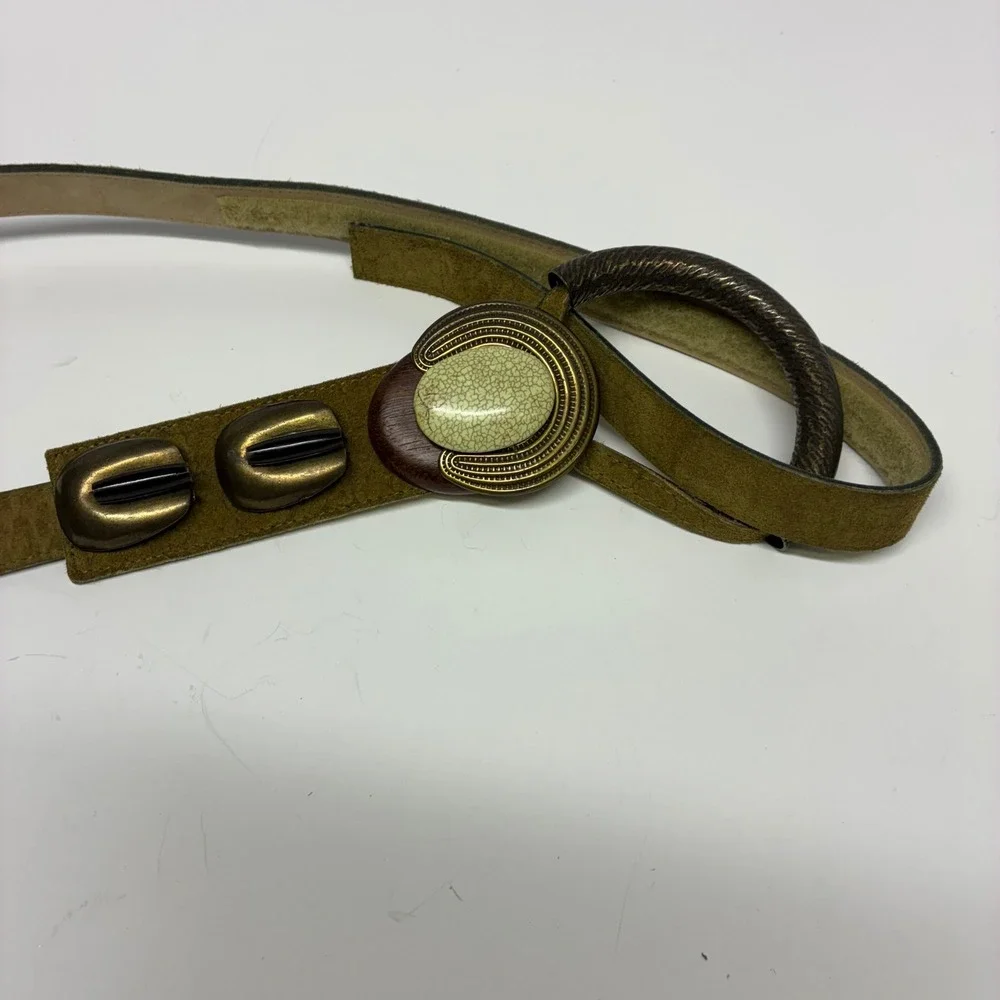Vintage 90s Moss Green Leather Waist Belt Sculptural Faux Stone Ring Closure